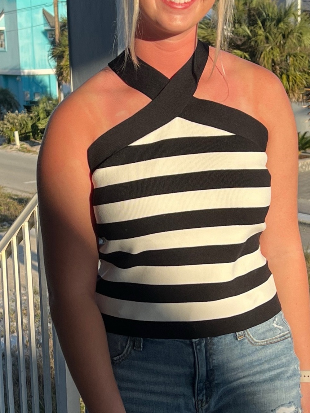Striped Halter Knit Tank Top - Black & White